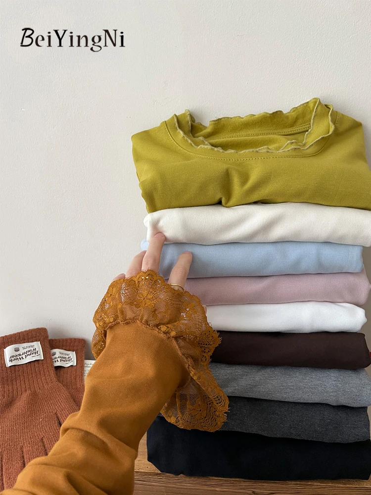 Beiyingni موضة جديدة تي شيرت الإناث الفرنسية الصالحة للأكل شجرة الفطريات الدانتيل تقسم سليم القمم المرأة الأساسية عادية كم طويل تي شيرت #4