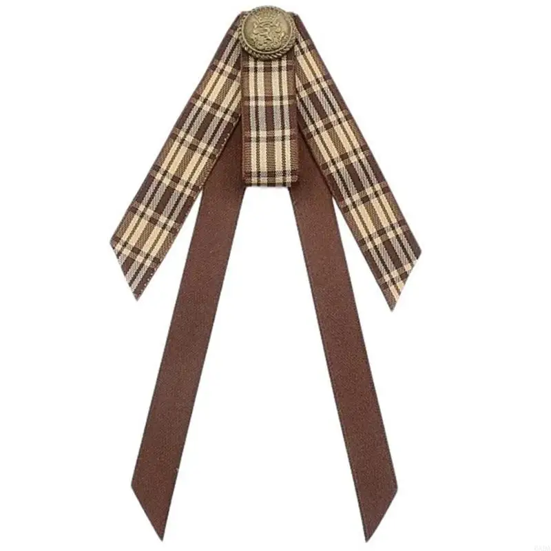 Vintage Brown Plaids Ribbon Pre Tied Bowtie Brooch Pin Women Corsage Shirt Jabot Collar Uniform Bowknot Necktie Clip 6XDA