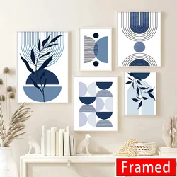 Boho Blue Abstract Wall Art Print with Framed Sun Geometric Leaf Canvas Painting Nordic Posters Decor Pictures for Living Room