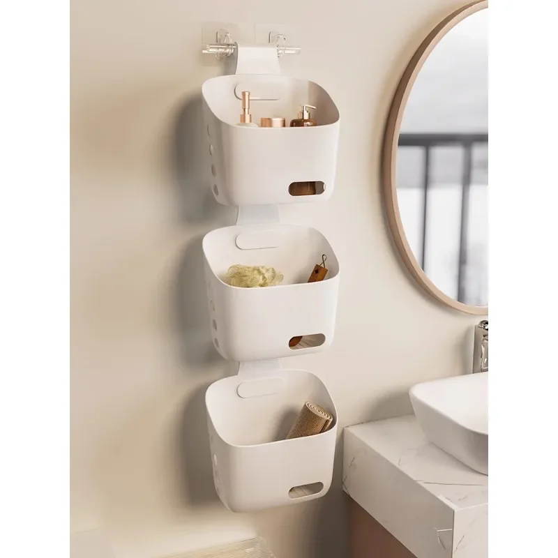 Toilet cosmetics storage rack, washbasin wall, non perforated wall mounted bathroom storage basket, plastic drain