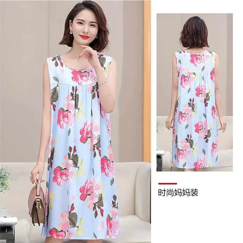 Women's Female Summer Nightdres Sleeveless Cotton Floral Evening Dress/Home Wear/Plus-size 2XL-4XL Floral Fabric Loose Pajamas