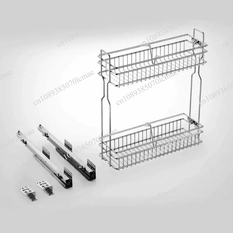 Narrow Double‑Layer Side Pull‑out Seasoning Basket, Damping Cushioning Kitchen Spice Storage Rack, Cabinet Drawer Organizer