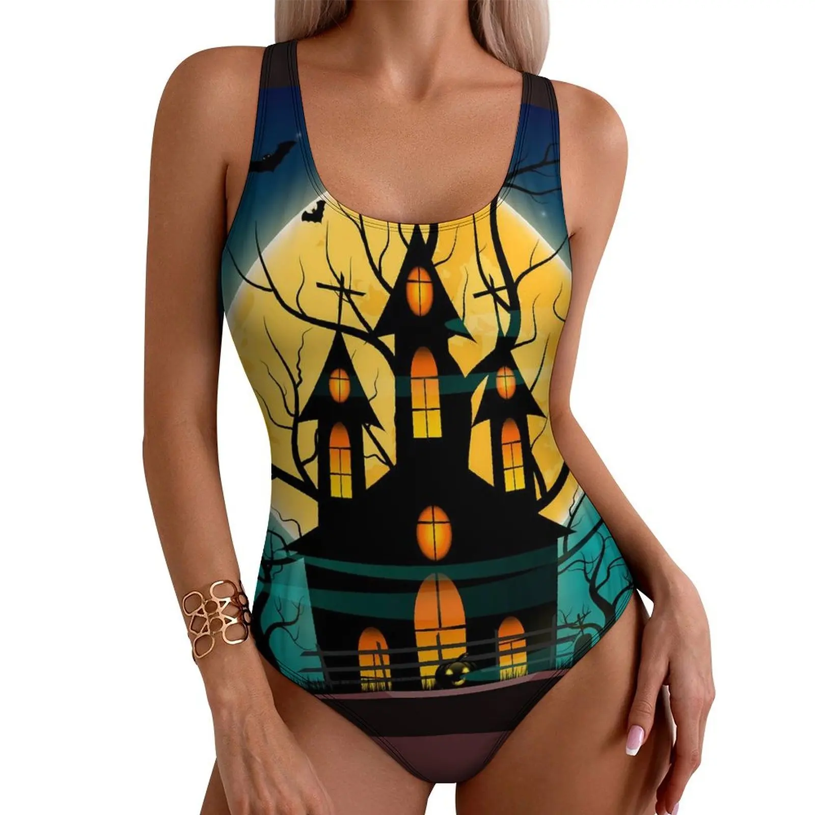 Halloween Night Haunted Mansion Swimsuit Sexy Pumpkin Haunted House Women Swimwear One Piece Elegant Bodysuit Push Up Monokini
