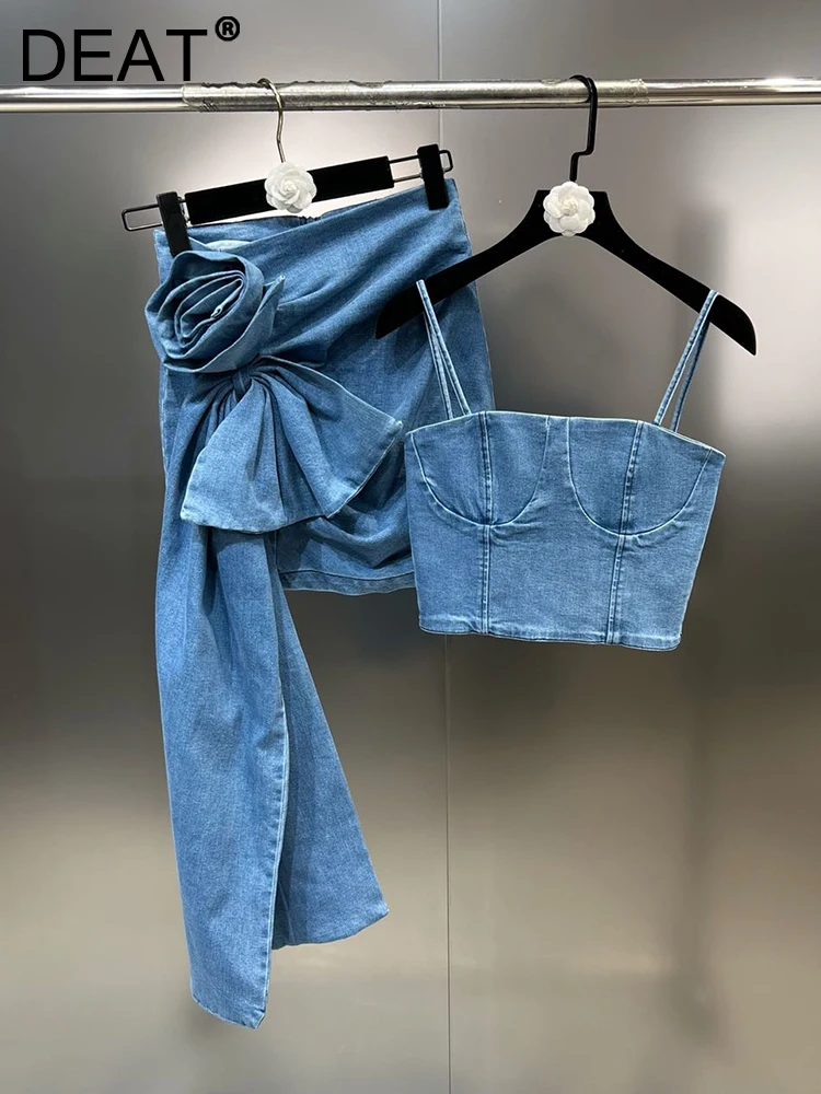 DEAT Streetwear Trend Denim Set Women Sexy Slim Elastic Zipper Suspender Rose Patchwork Designer Skirts 2024 Spring New 11XX2493