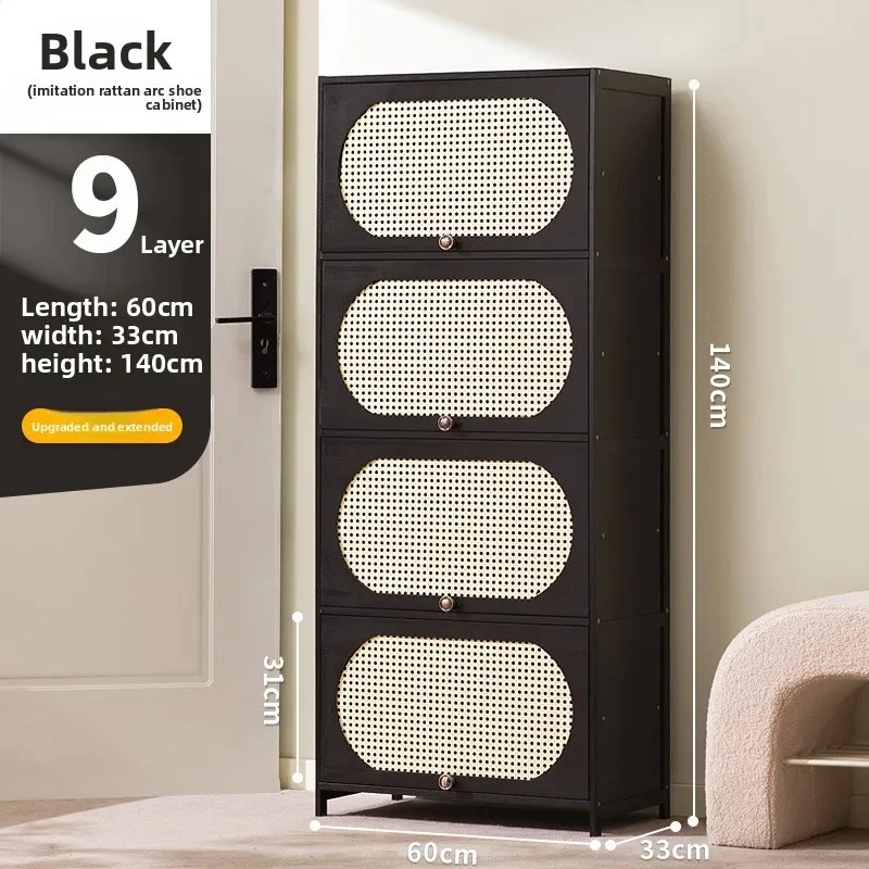 Modern black bamboo multi-layer shoe cabinet, living room rattan decorative door storage cabinet, light luxury flip shoe cabinet