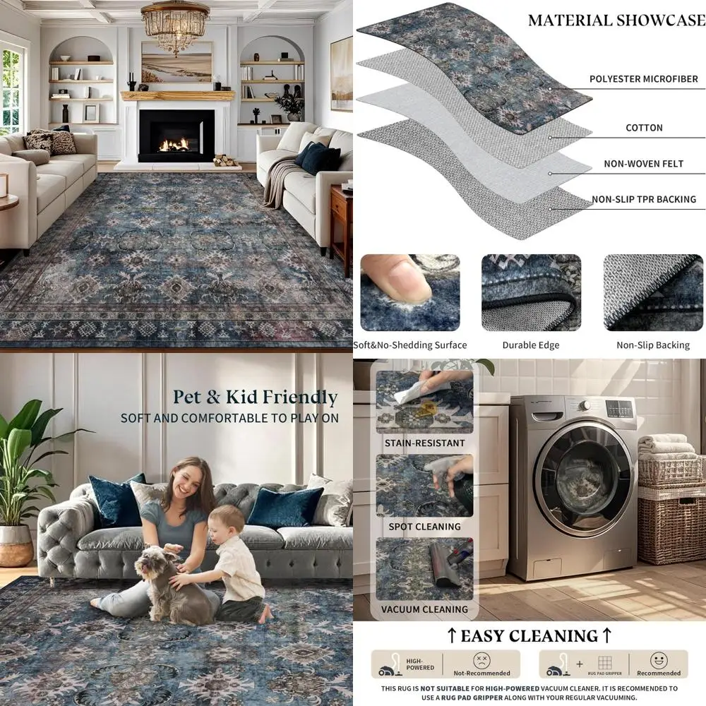 

Stylish 9x12 Washable Rug: Blue Living Room, Dining, Office - Large Vintage Stain-Resistant Carpet with Non-Slip Backing