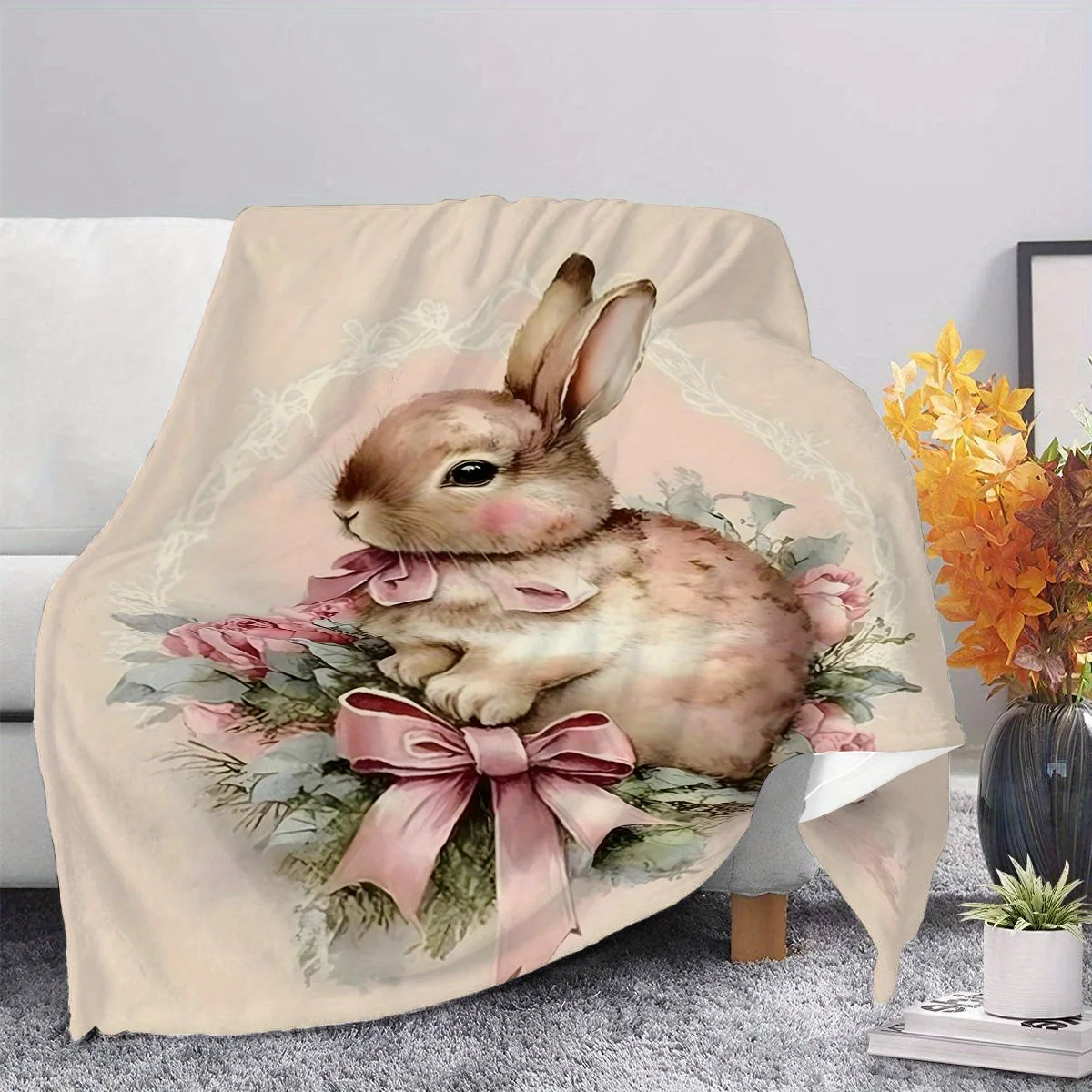 Rustic Rabbit Print Flannel Throw Blanket, Soft Cozy Lightweight Polyester Knit, All-Season Versatile for Bed, Sofa, Office, Gif
