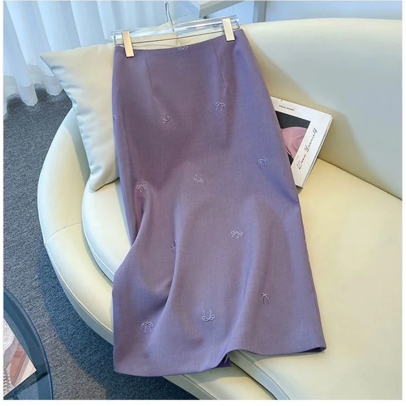 New Korean Fashion Summer Suit Skirt Women Butterfly Embroidered High Waist Split A-line Midi Skirts Solid Color Elegant Jupe