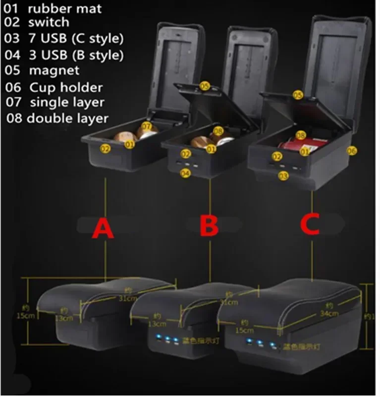 For Citroen C4 Hatchback Armrest For Citroen C4 Car Armrest box  Retrofit parts Storage box car accessories Interior USB LED