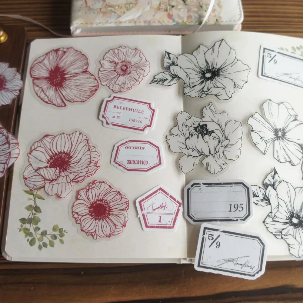 

38pcs Green Blue Purple Flower Line Drawing FrameStyle PVC and Paper Sticker Scrapbooking DIY Gift Packing Label Decoration Tag