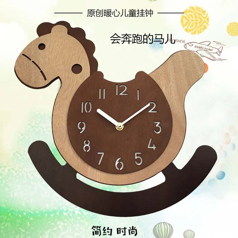 Running Trojan horse punching-free wall clock creative cartoon animals pony children's room decoration mute art wall