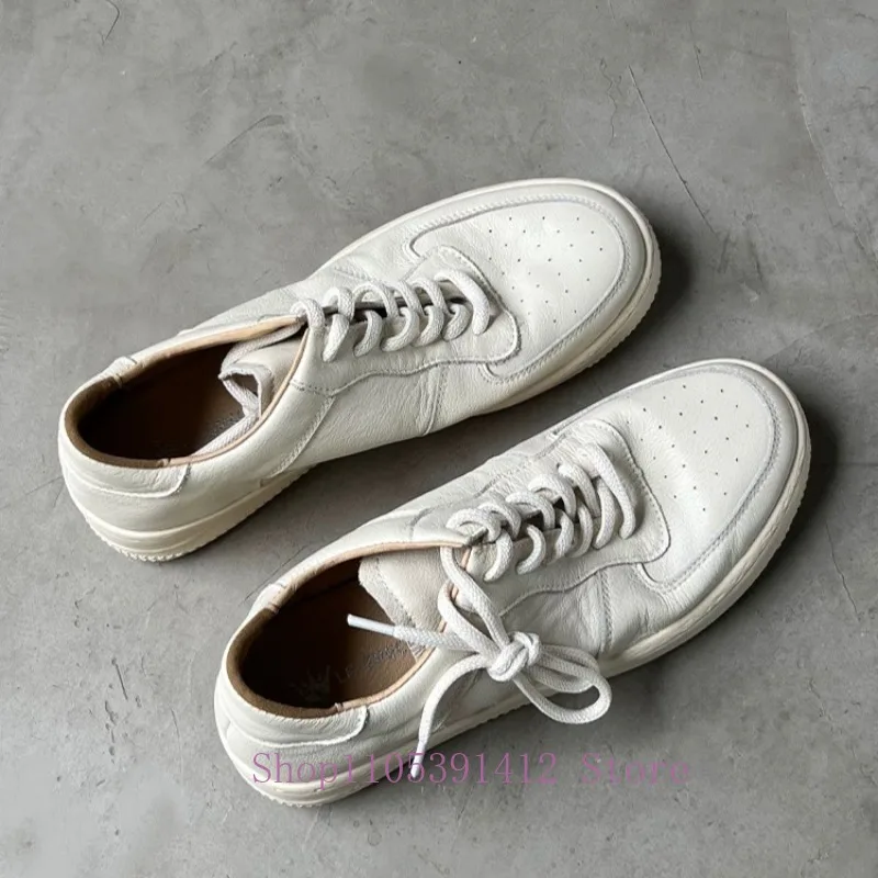 Fashion Men White Sneakers Japanese Style Thick Sole Skate Shoes Genuine Leather Round-toe Casual Shoes Zapatos Hombre