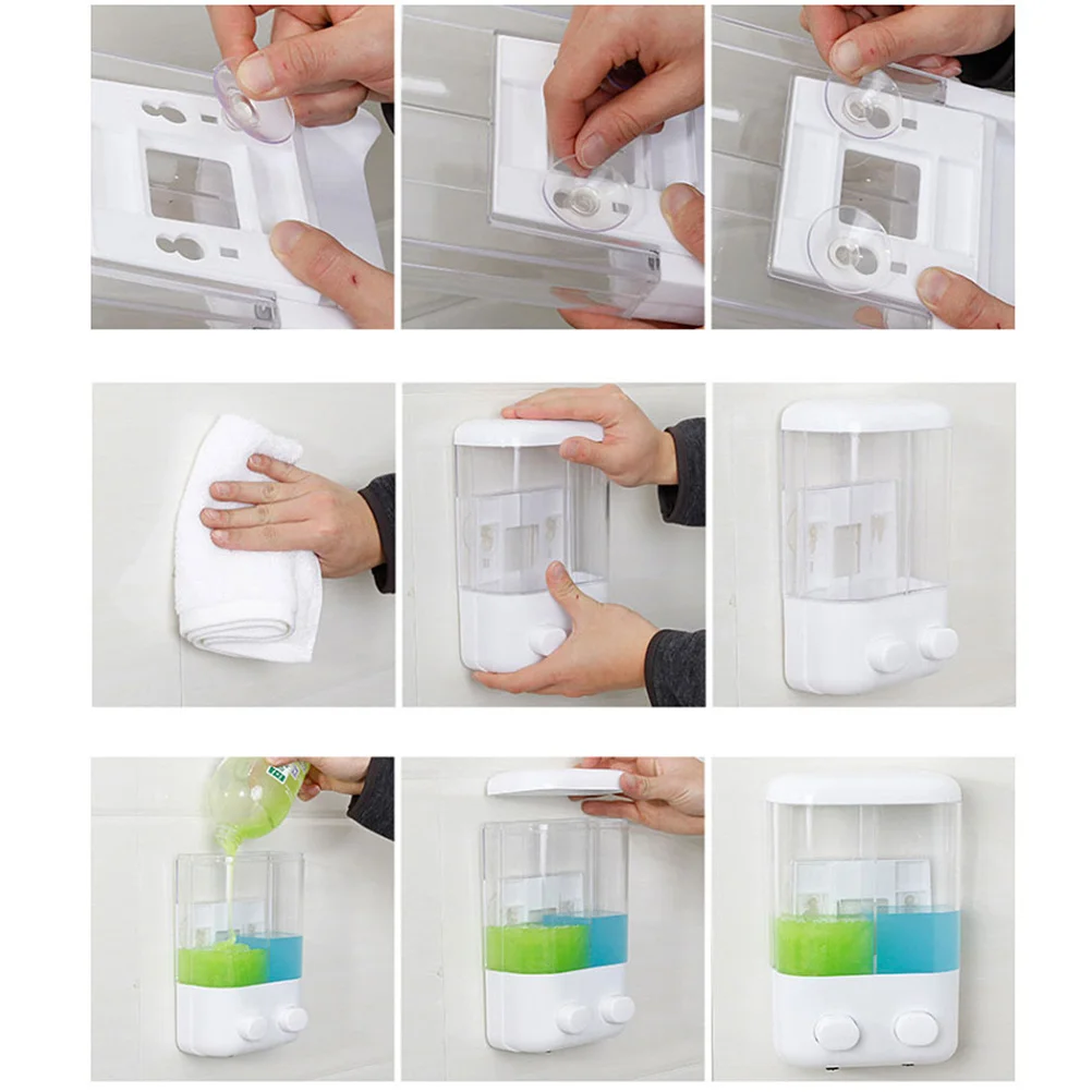 موزع صابون مزدوج الرأس مثبت على الحائط، زجاجة من نوع الدفع للشامبو والغسول، منظم الحمام القابل لإعادة الملء #2