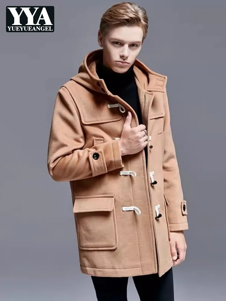 

Мужское шерстяное пальто в британском консервативном стиле с роговой пуговицей, повседневная куртка средней длины с капюшоном, свободная посадка, однотонное зимнее пальто 5XL 6XL