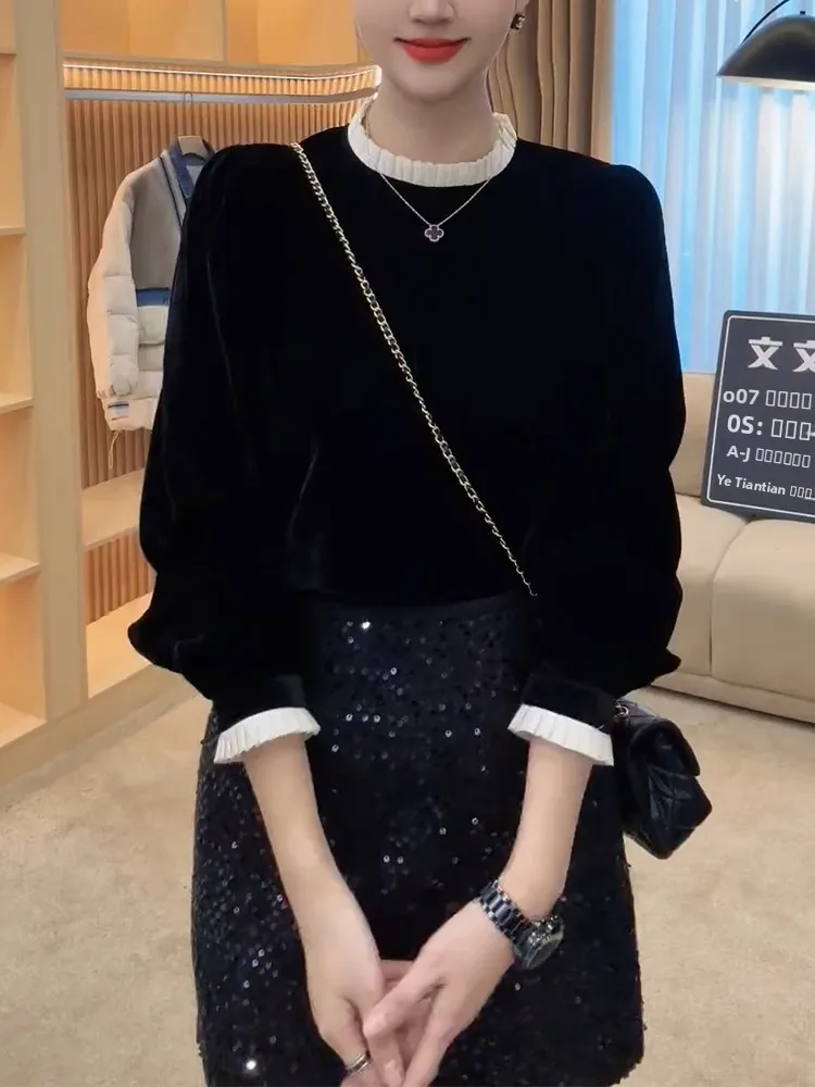 

Корейское бархатное платье с отделкой, длинным рукавом, модное, элегантное, осенне-зимнее, больших размеров, стройнящее, красивое, маленькое, для снежной погоды