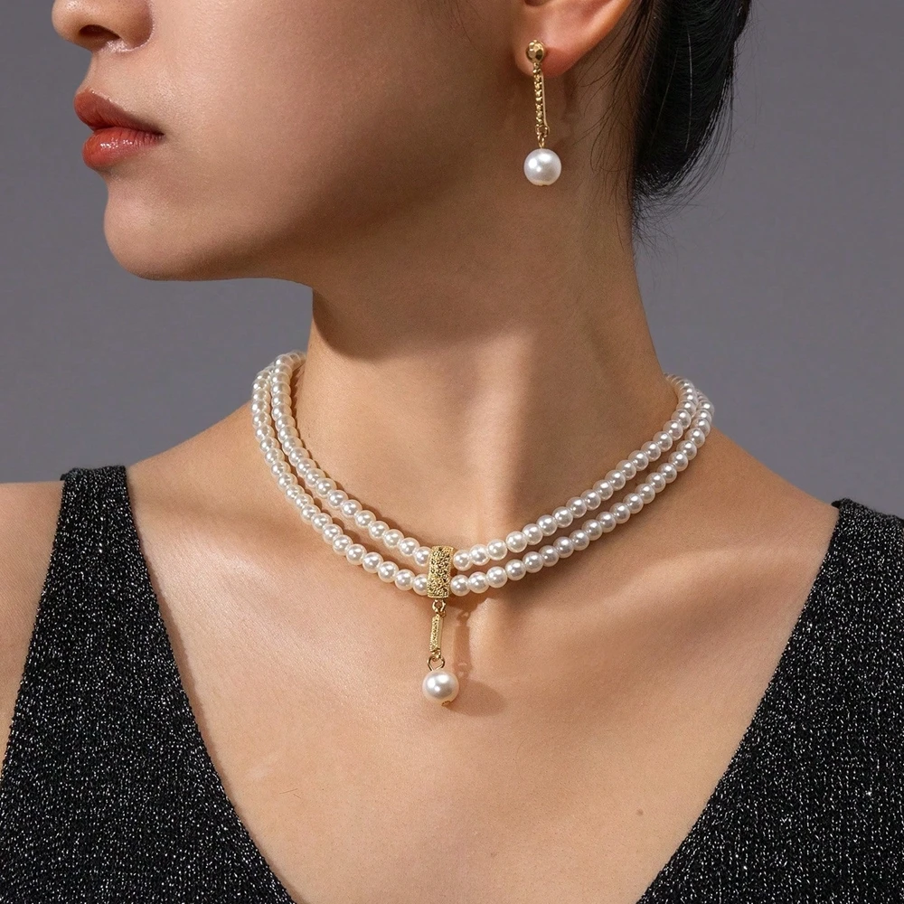 New Fashionable Bridal Jewelry Set Elegant Handmade Imitation Pearl Beaded Necklace And Earrings For Women Wedding Accessories