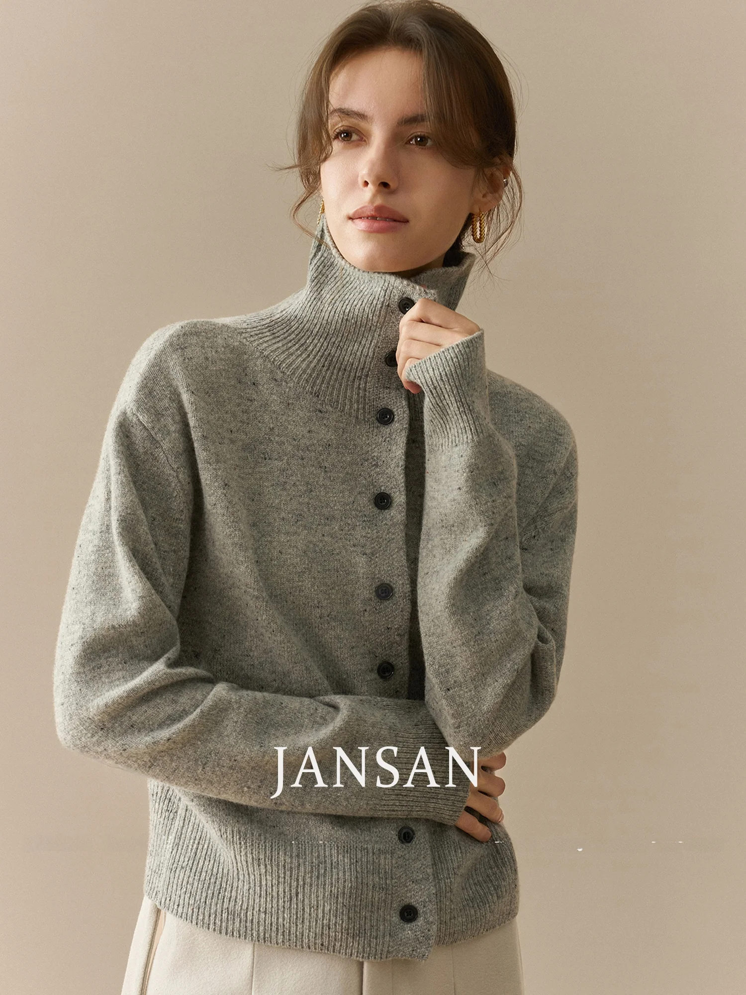 

Jansan Women's Knitted Wool Sweater Full Wool High Collar Flip Design Button Pure Color Warmth Autumn Winter Faion Commute