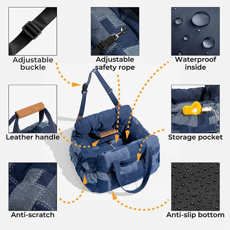 Travel Safety Bolster Vintage Denim Patchwork Dog Car Seat Bed with Safety Buckle Customized LOGO Luxury Dog Beds Pet Car Seat