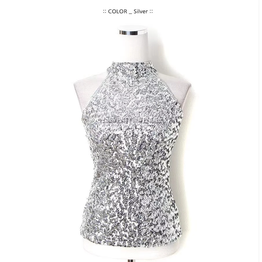 Sequins Women Fashion Shimmer Flashy Embellished High Quality Halter Neck Sleeveless Vest Sexy Tank Top Clubwear Stage Perform