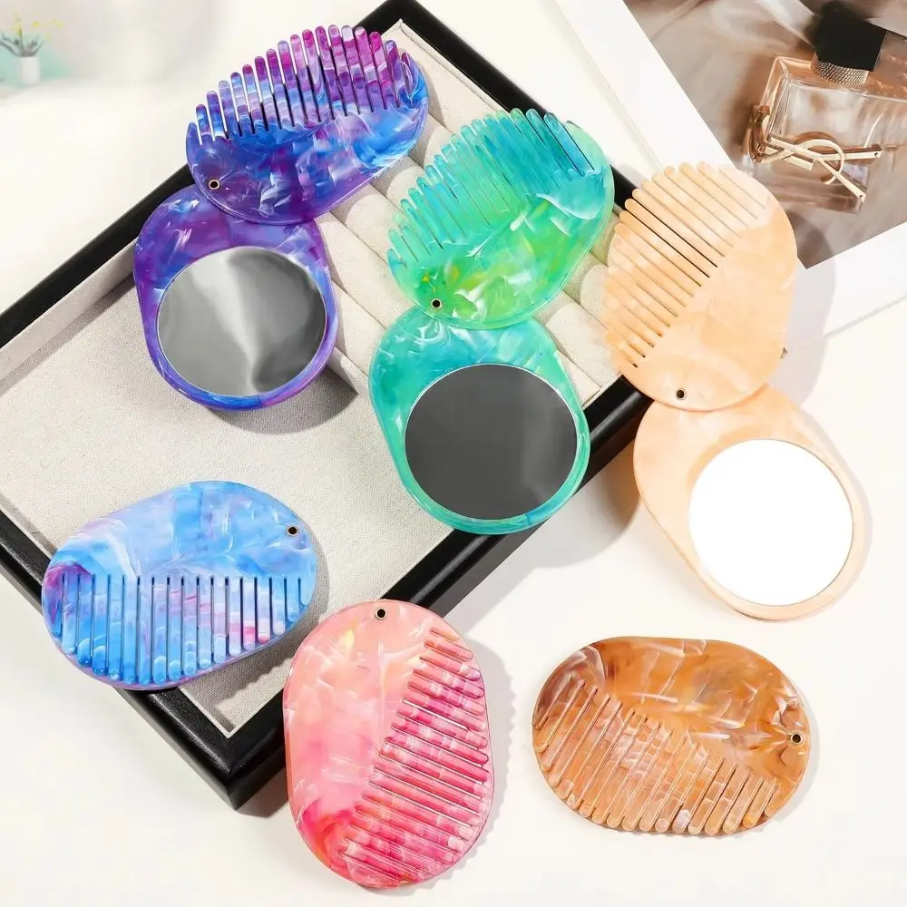 Portable Marble Print Hair Comb Detangling Acrylic Makeup Mirror Multifunctional Foldable Mirror Comb 2 in 1 Hair Accessories