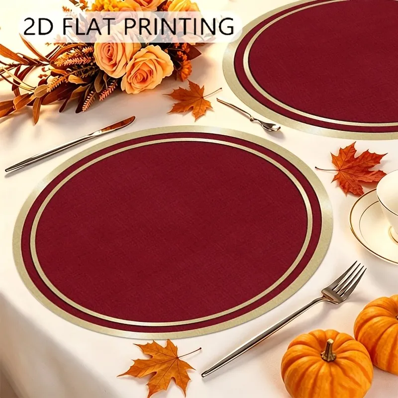 VIKAMA Linen Oval Placemat, Burgundy Gold Border Design, Washable Stain Resistant Easy Clean, Elegant Dining Room Decor