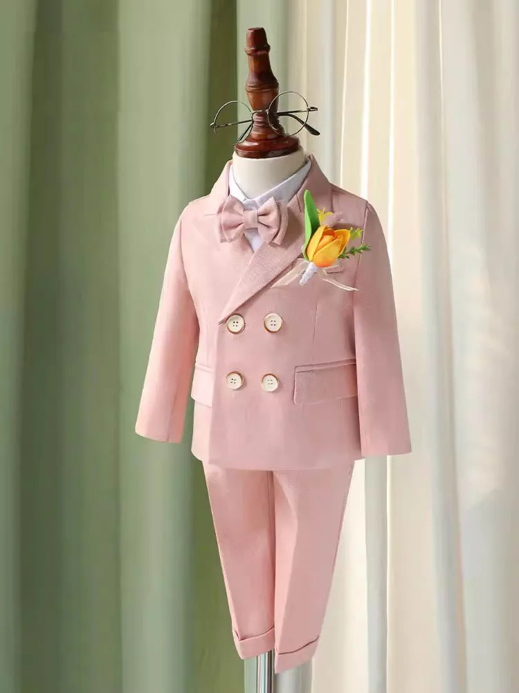 Boys Formal Ceremony Costume Children Pink Elegant Photography Suit Kids Birthday Wedding Party Dress Performance Tuxedo Set