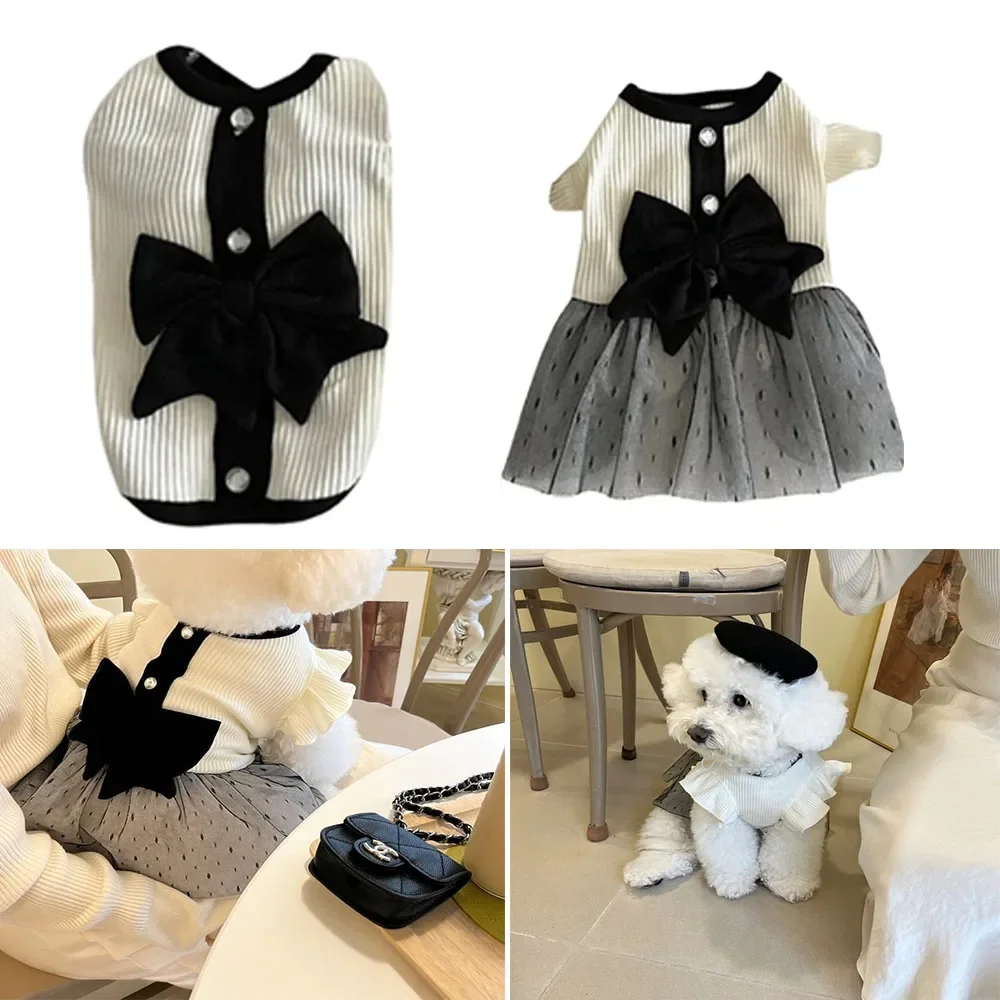 

1PC Luxury Dog Dress for Small Dogs Summer Puppy Clothes Bow Lace Dog Skirt Black White Cat T Shirt Pet Costume Mini Dress