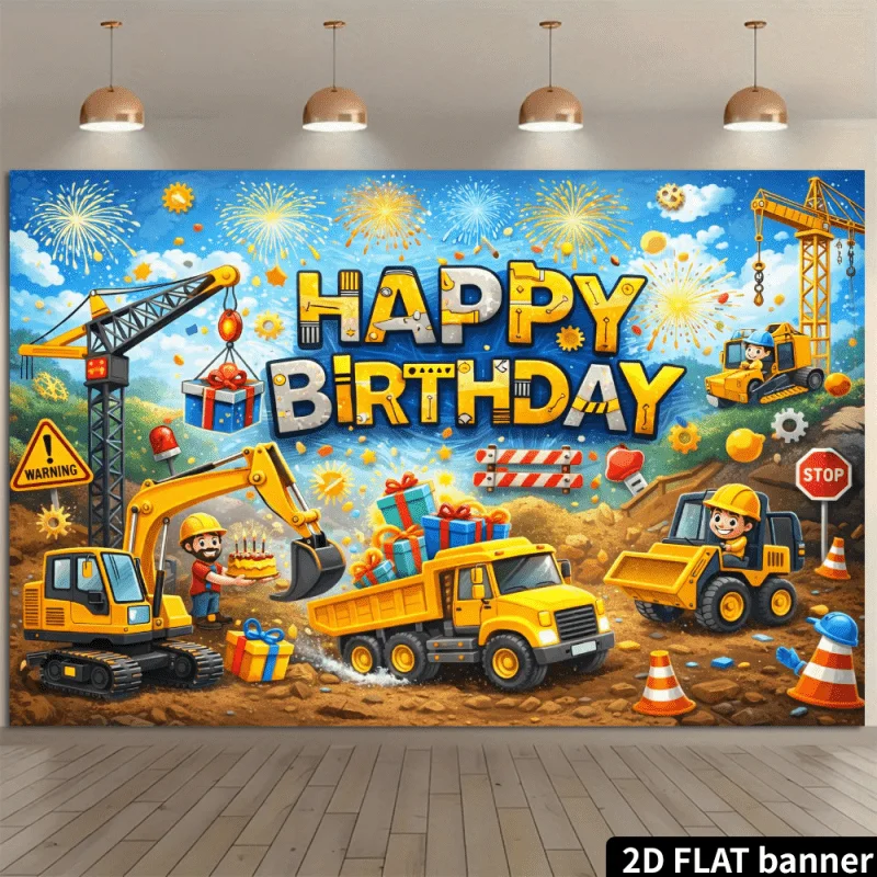 Construction Truck Excavator Happy Birthday Boy 2D Flat Tapestry Backdrop For Kids Party Decor Engineering Wall Hanging Art