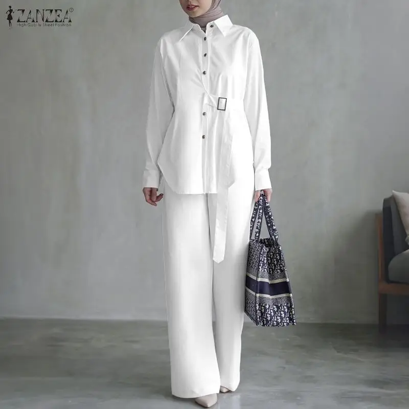 Bescheidene modische Hosenanzüge für muslimische Frauen, langärmlige Hemden mit Schärpe und Hosen mit elastischem Bund, 2-teilige Sets, Hijabs, islamische Outfits