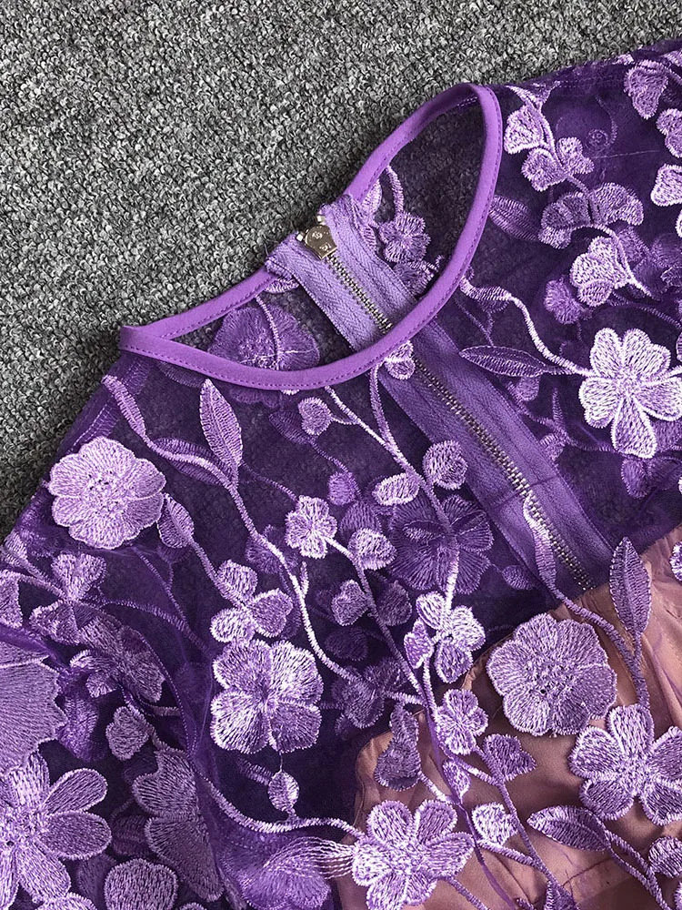 VC Purple Flower Embroidered Short Dress O Neck Log Sleeves High Waist Floral See Through Cocktail Party Eveing Gown