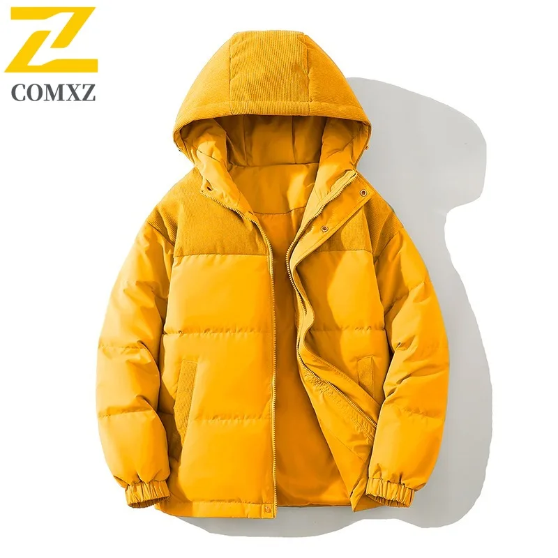 

COMXZ Corduroy Patchwork Down Jacket Unisex Hooded Short Puffer Coat Thickened Cold Proof Thermal waterproof Duck Down Coat 2025