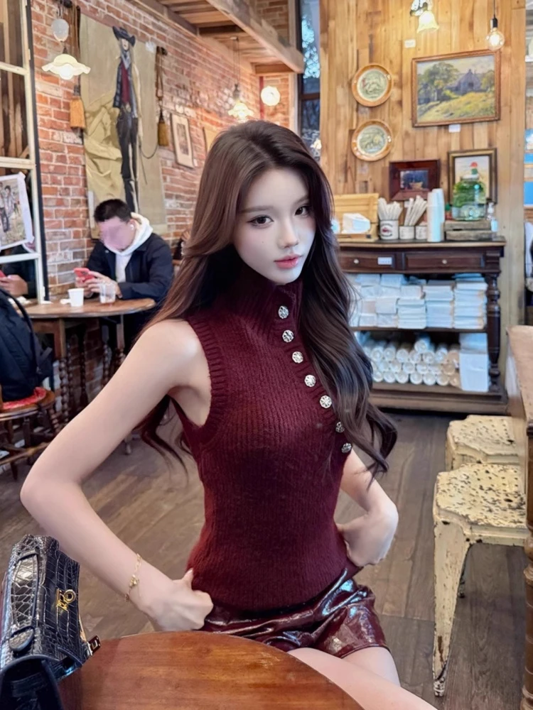 

Retro Lady High Collar Svel Knitted Vest Women's Autumn Winter Advanced Design Inner Match Base irt Top