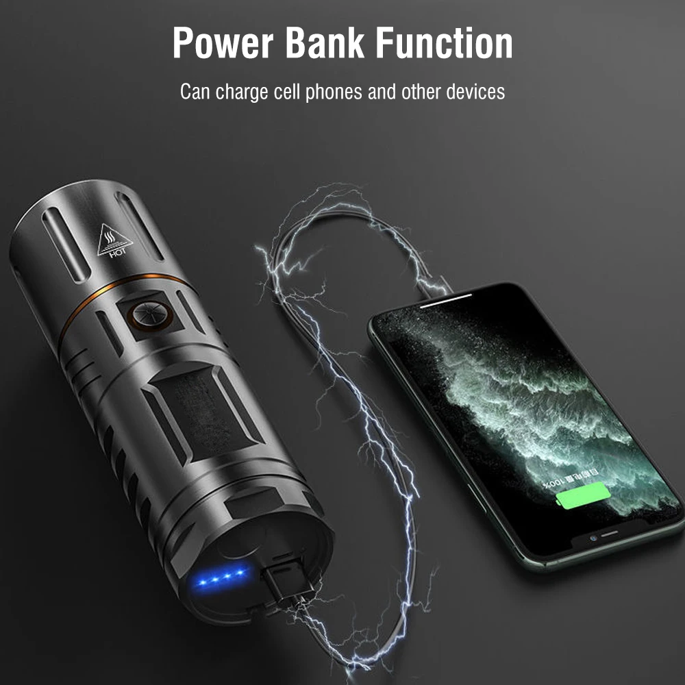 BORUiT Super Bright 3000LM LED Zoom Flashlight USB Rechargeable Power Bank Torch IPX5 Waterproof Camping Hunting Lantern