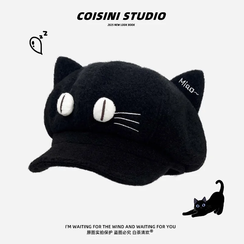 قبعات قطيفة على شكل آذان قطة كرتونية لطيفة للنساء تظهر وجهًا صغيرًا للخريف والشتاء للسفر قبعة موزع الصحف ذات شخصية دافئة متعددة الاستخدامات