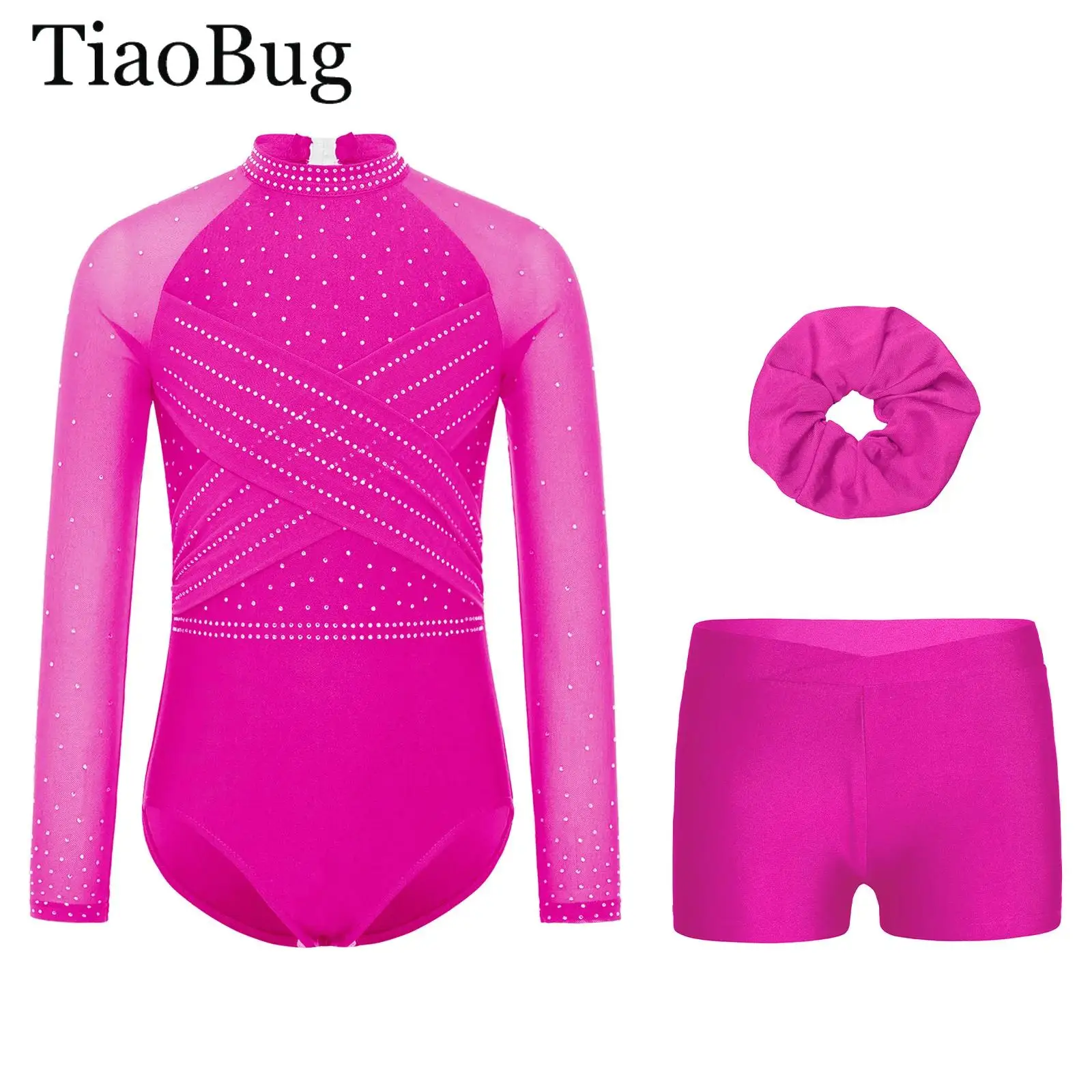 ชุดยิมนาสติกเด็กผู้หญิง ผ้าตาข่ายแขนยาว ประดับคริสตัล ชุดบอดี้สูทบัลเลต์ กางเกงขาสั้น ที่คาดผม ชุดฟิกเกอร์สเก็ต