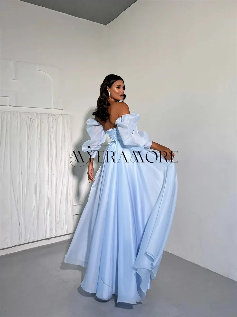 Vestidos de Noche azules simples con hombros descubiertos, vestidos de fiesta con abertura lateral y media manga acampanados, personalizados