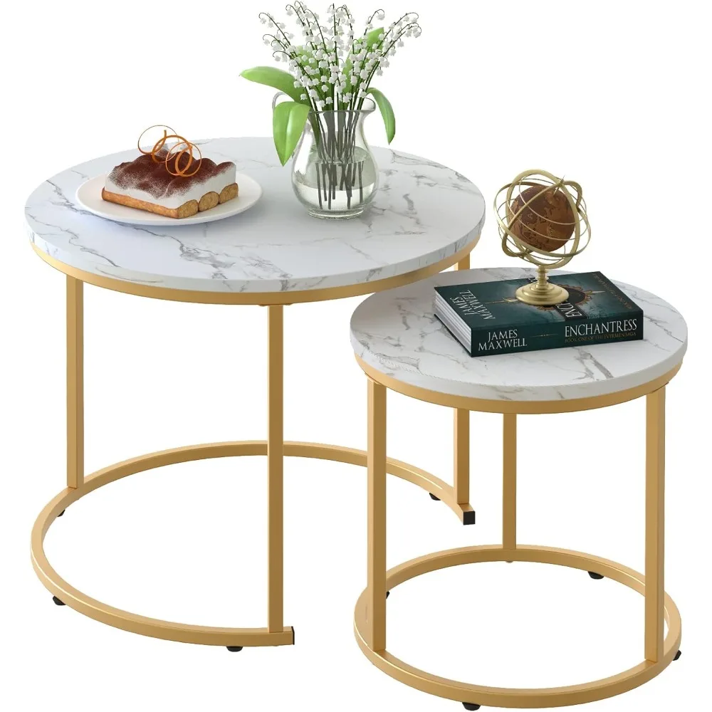 

Coffee Table Nesting Set Golden Frame Circular Round and Marble Pattern Wooden Tables, Living Room Bedroom Apartment