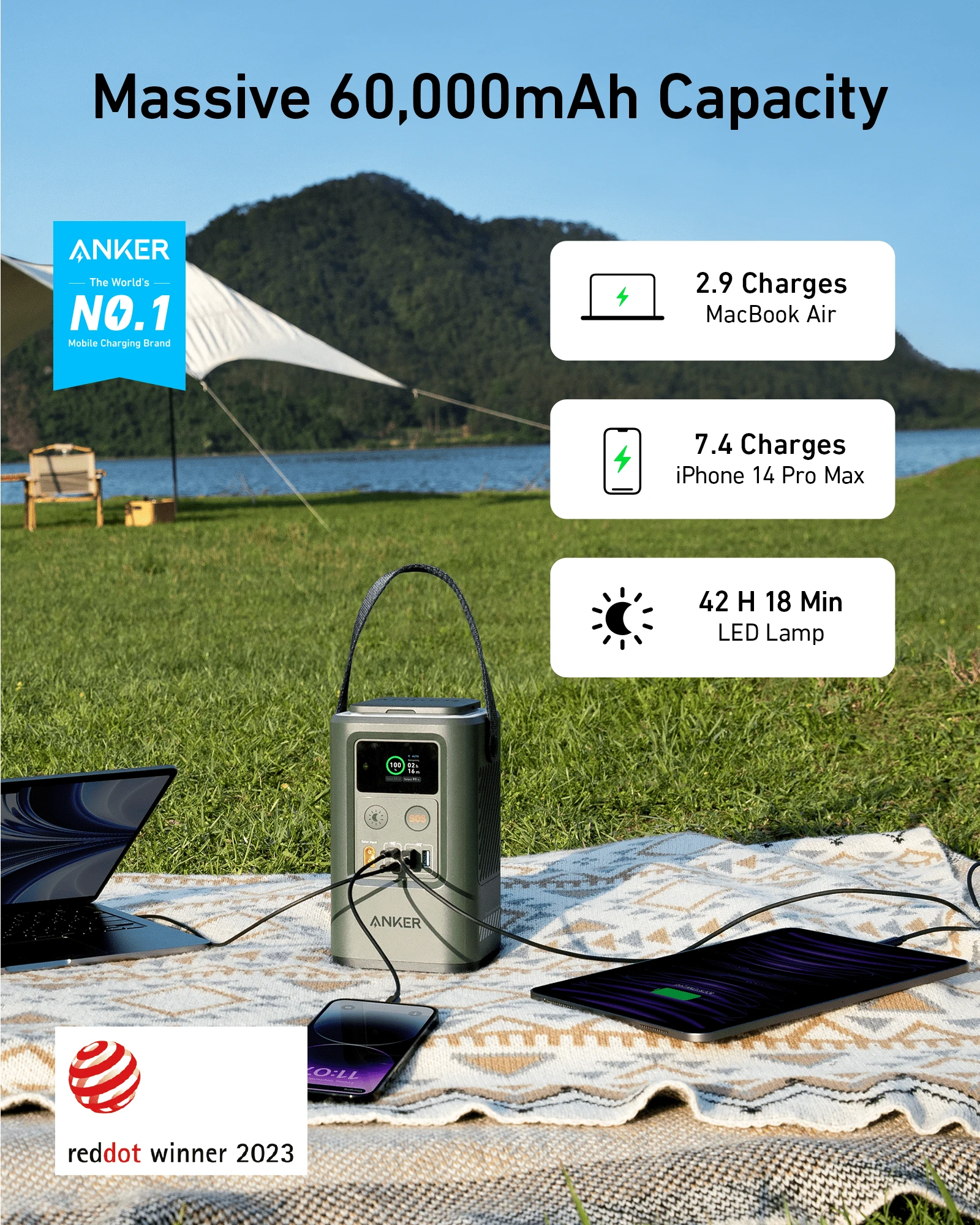 Anker Power Bank Power Station 60,000mAh,Portable Outdoor Generator 87W with Smart Digital Display, Retractable Auto Lighting an