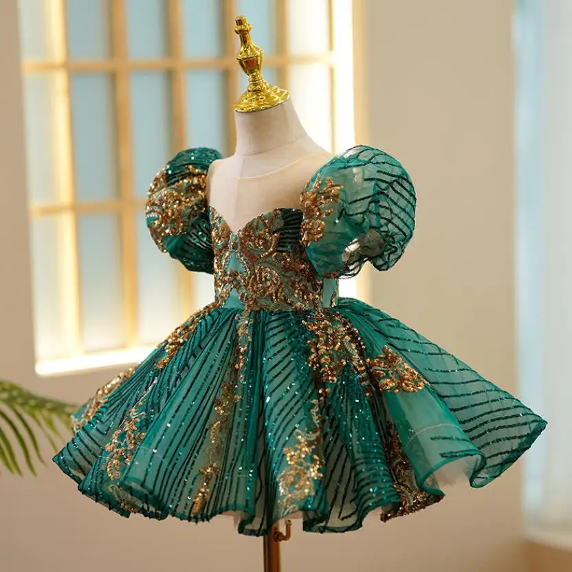 Kids Luxury Party Green Gold Dresses For Girls Birthday Baptism Shoot Gown Evening Formal Lace Dress Prom Frock A2523