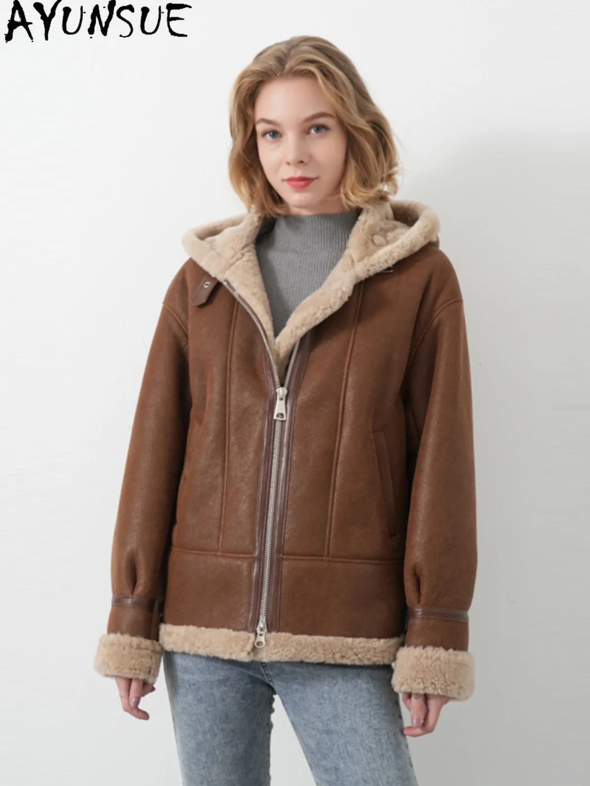 AYUNSUE manteau de fourrure de mouton naturel veste en cuir véritable vêtements d'hiver femmes 2025 laine d'agneau vestes de moto femme Streetwear