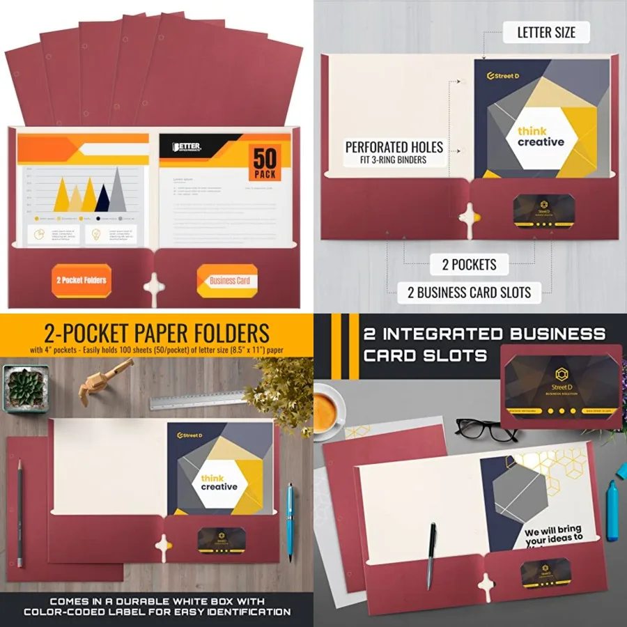 

Better Office Products Two Pocket Portfolio Folders 50-Pack in Burgundy Letter Size Ideal for Organizing Documents in Offices a