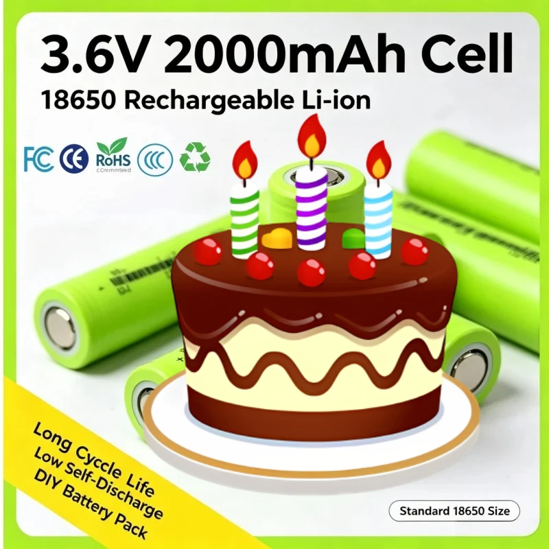Rechargeable 18650 Lithium‑Ion Cell 3.6V 2000mAh Replacement Power Source For Torches Power Banks Hand Tools Compact Gadgets