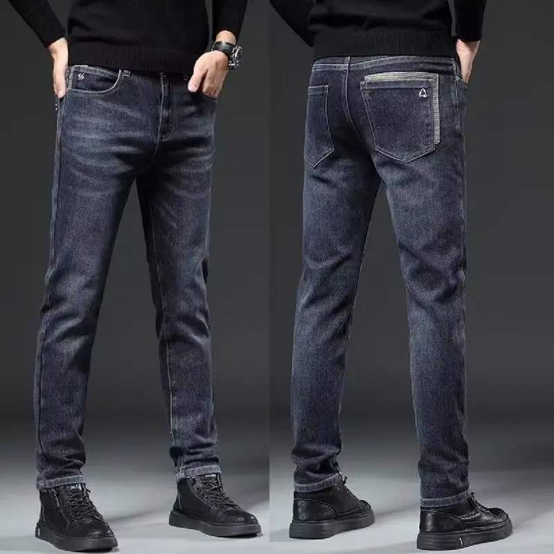 

Мужские джинсы с высокой талией и прямыми штанинами, модные повседневные эластичные джинсовые брюки с высоким поясом, молодежные, трендовые, водоотталкивающие