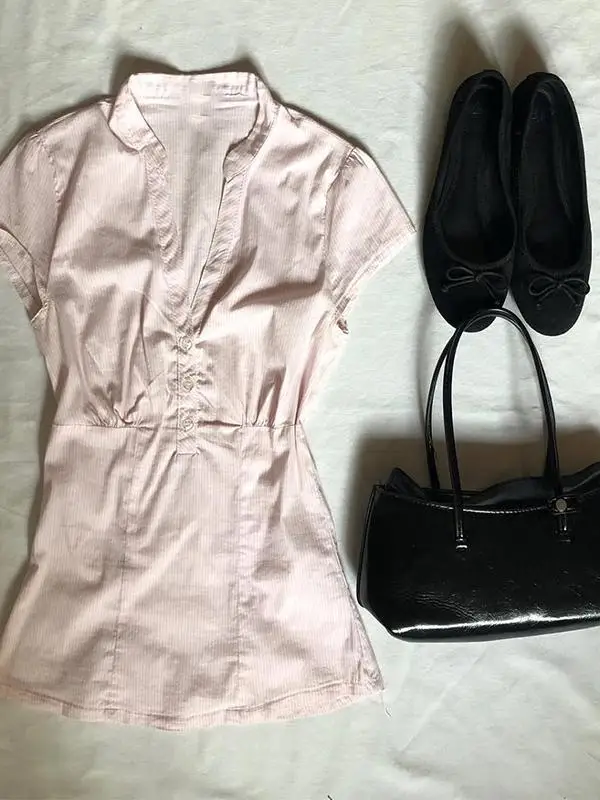 

Faionable Pink V-Ne ort Sve irt Women's Original Design Commute Sle Korean Fit Polyester Cotton Blend Top