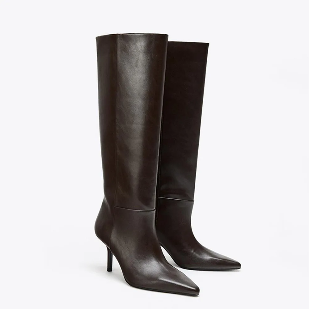 

FWRD Women's Brown Faux Leather Slim Fit Knee Boots, Pointed Toe High Stiletto, Soft Lining for Fall Winter Wear #FWRD000377