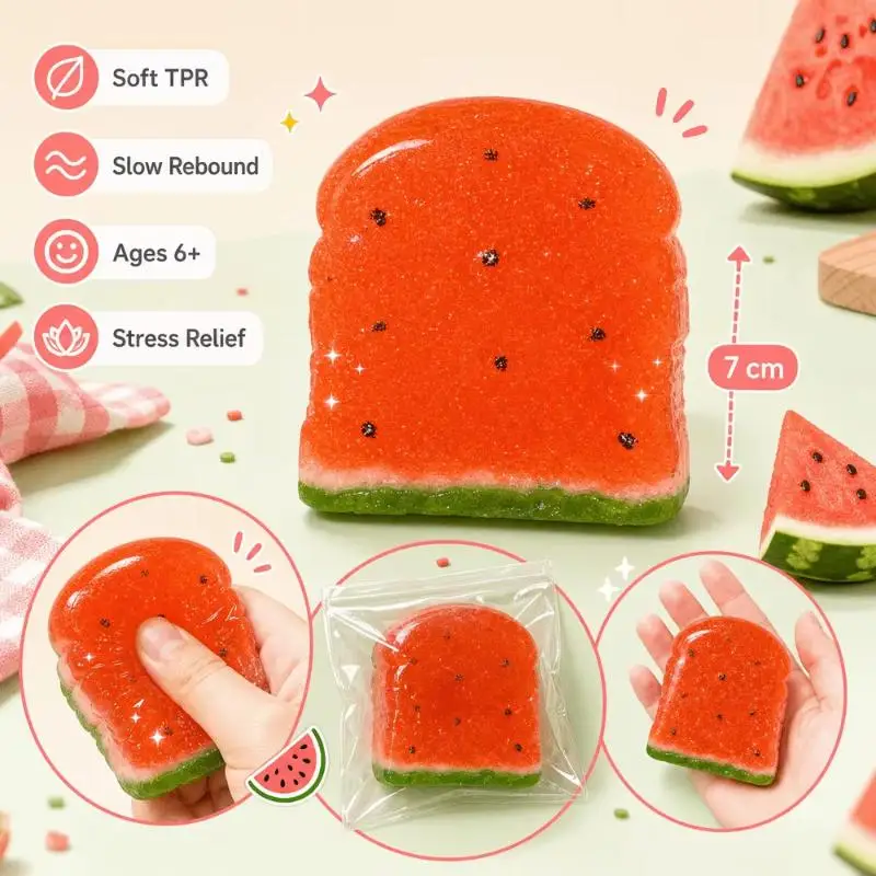 Maltose Stress Relief Squeezable Toy 1Pc Cute Pudding Toast Watermelon Cartoon Fidget Toy for All Ages Anxiety Relief