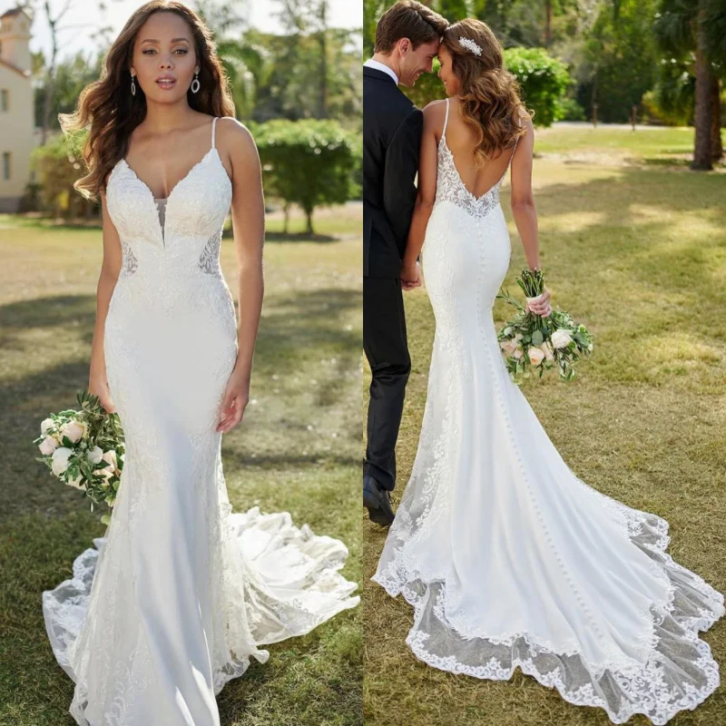 Vestidos de novia de sirena de encaje, traje Sexy con tirantes finos, cuello en V, Espalda descubierta, apliques, tren de barrido, 2021