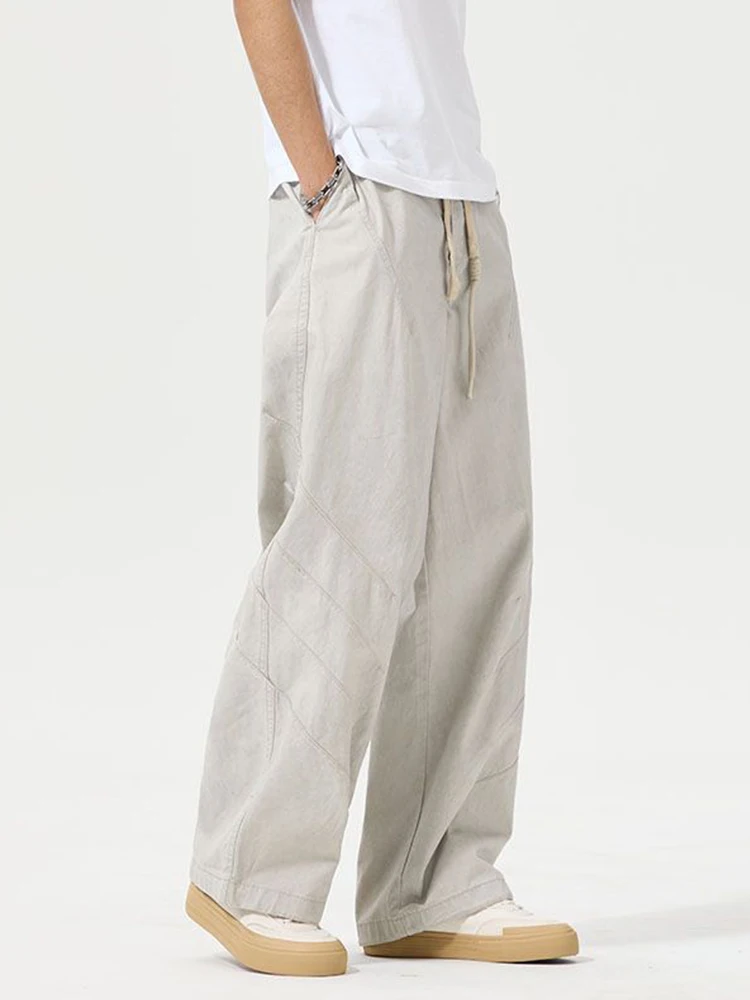 

GURBAKS Men's Summer New Sle Casual Wide Leg Pants Knife Blade Straight Cut Loose Fit Workwear Trousers Breathable Thin Cotton