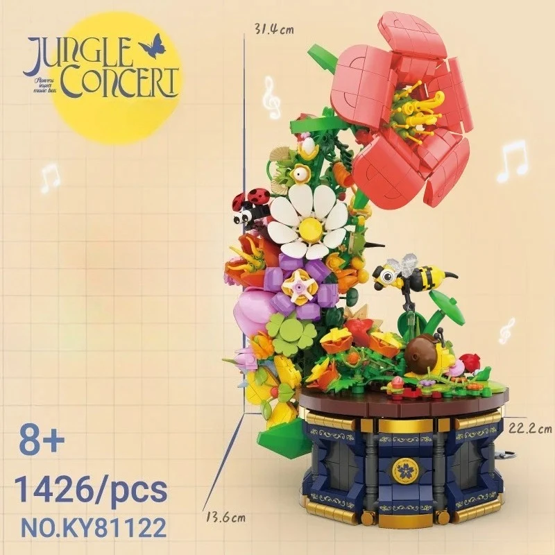 MOC Floral Vintage Framophone Building Block Set Rotante Giungla Concerto Carillon Giocattoli fai da te Regali di festa di compleanno per bambini