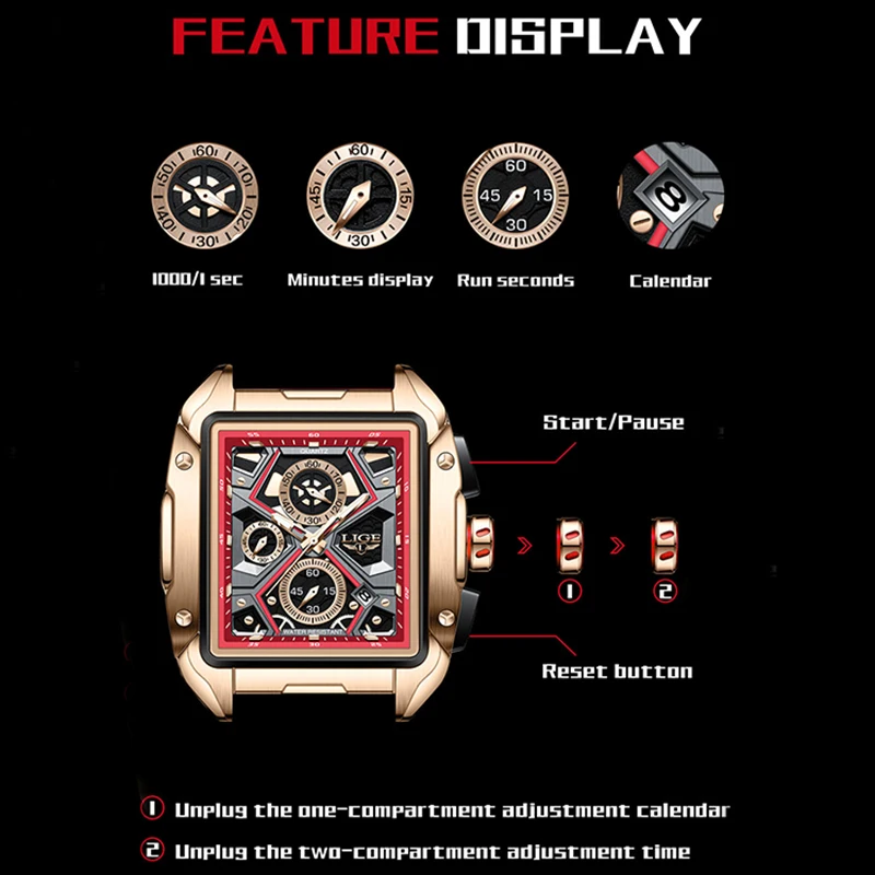 LIGE Luxury Men\'s Quartz WristWatch Big Watches For Men Fashion Sport Red Rubber Strap watch Cool 30M Waterproof Skeleton Watch